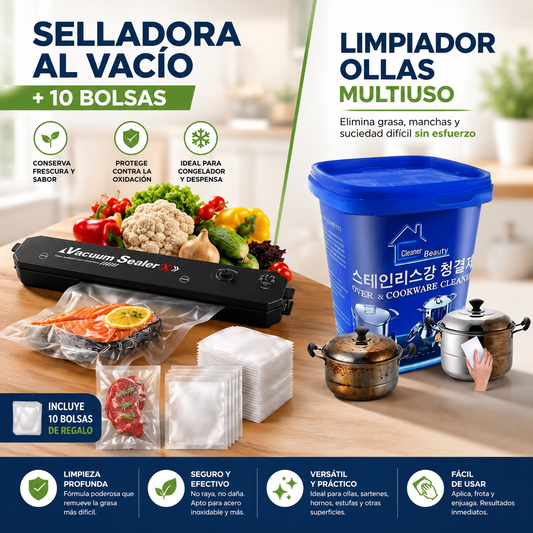 Pack Maquina Selladora de Bolsas+Limpiador de Ollas Multiuso